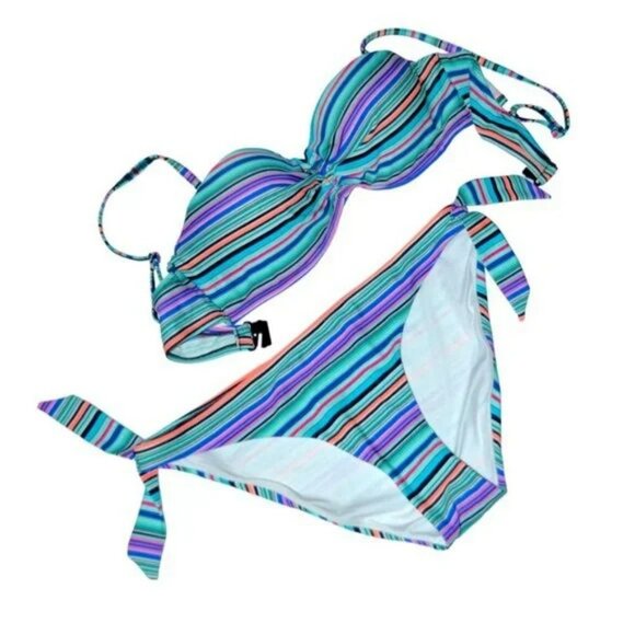 Woolworth Aussie Striped Purple Green Orange Teal Bikini Top 38A Swim Bottom L - Picture 1 of 4